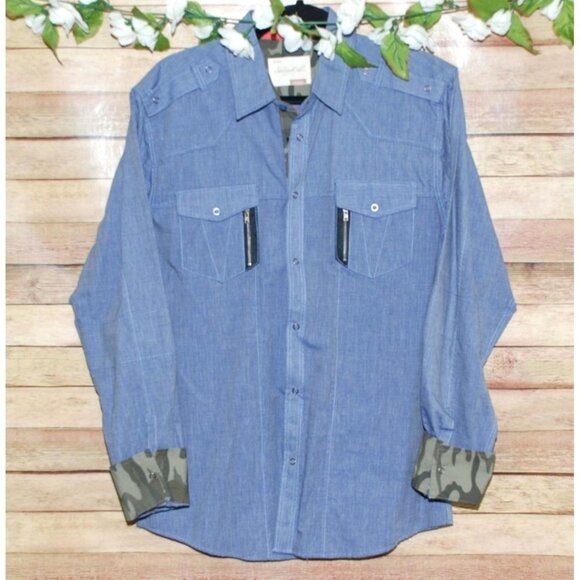 Sovereign Code Men's Blue Chambray Shirt Size M Roll Tab Camo Contrast Cuff - Picture 5 of 12